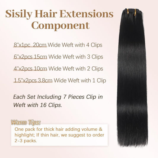 Sisily Clip in Hair Extensions Real Human Hair, Premium Human Hair Clip in Extensions Natural Black, Soft Straight Hair Extensions Real Human Hair Clip ins 7PCS Double Weft（16 Inch #1B）