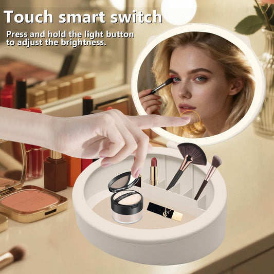 YNBXHJPP LED Mskeup Mirror with Storage, 4K high-Definition Touch Screen Travel Vanity Mirror with 3 Types of Lights, USB Charging, Magnetic 3-inch 10x Magnifying Glass (Pink)