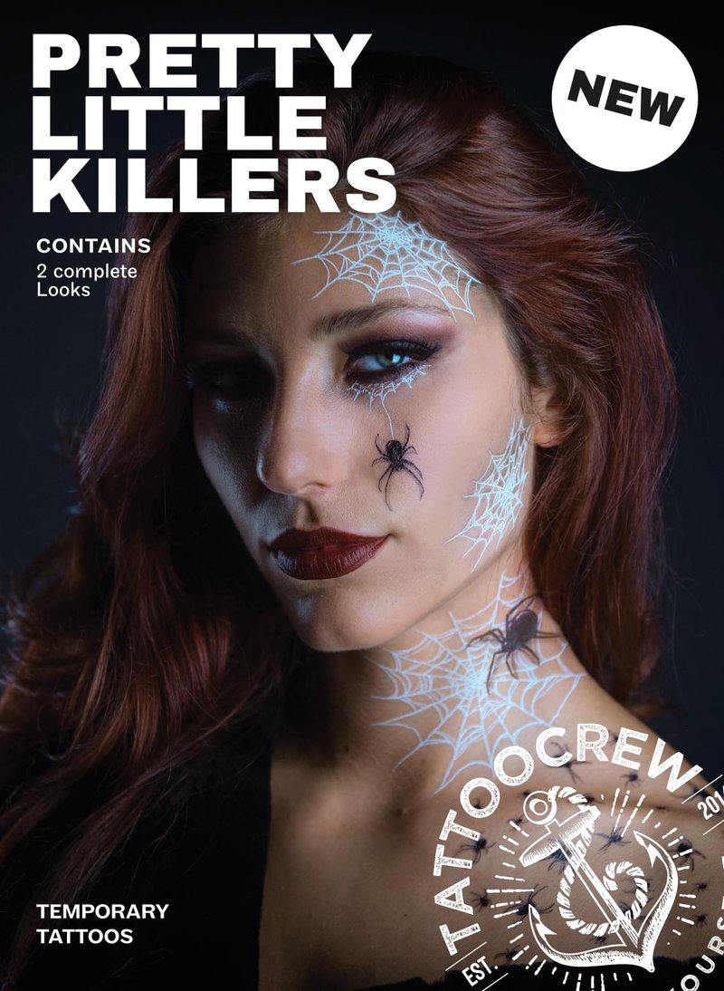 Tattoocrew 2 x Pretty Little Killers Face Halloween Temporary Tattoo, Spider Costume, Witch, Web, Horror