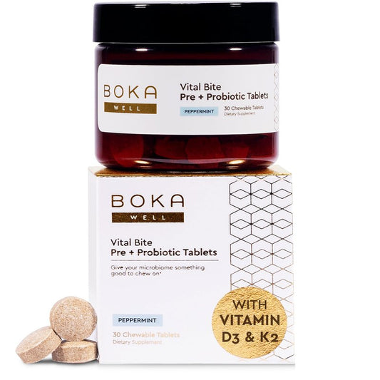 Boka Vital Bite Oral Pre + Probiotics - Sugar-Free Nut-Free Chewable Dental Probiotics for Teeth and Gums with BLIS K12, Vitamin D3 K2 for Men Women, Freshens Breath - Peppermint, 29 ct
