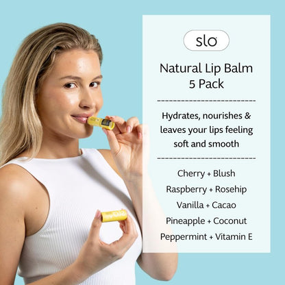 Slo | Natural Lip Balm - All Natural Ingredients, Vegan & Cruelty Free, Hydrating & Soothing, Plastic Free, Paper Packaging | 5 pack one of each flavour (5 x 0.28oz/8g)