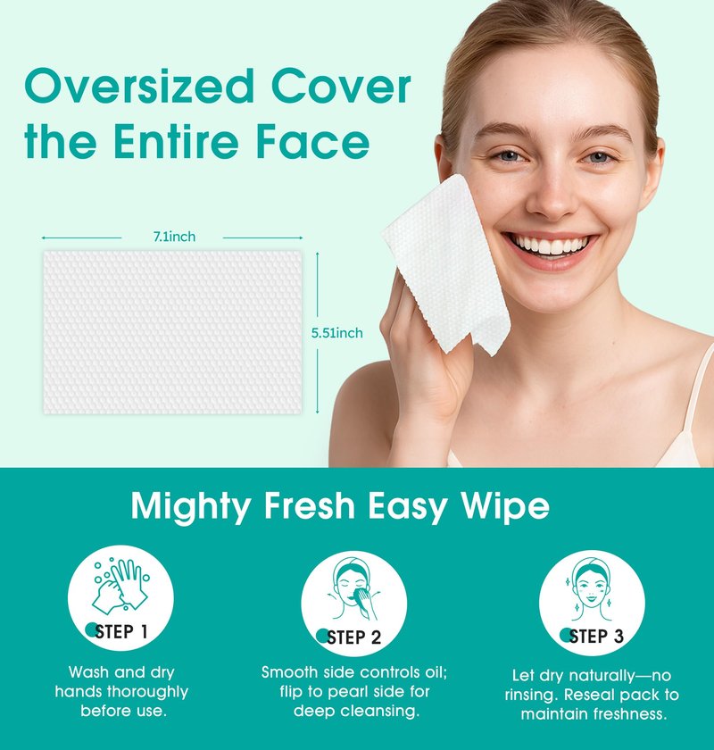 Facial Cleansing Wipes, Green Tea Oil Extract for Face Cleansing, Salicylic Acid for Acne Treatment, Hydrating Pore Care for Sensitive Skin, Exfoliating & Soothing Double-Sided Cleansing Wipes