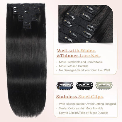 Sisily Clip in Hair Extensions Real Human Hair, Premium Human Hair Clip in Extensions Natural Black, Soft Straight Hair Extensions Real Human Hair Clip ins 7PCS Double Weft（16 Inch #1B）
