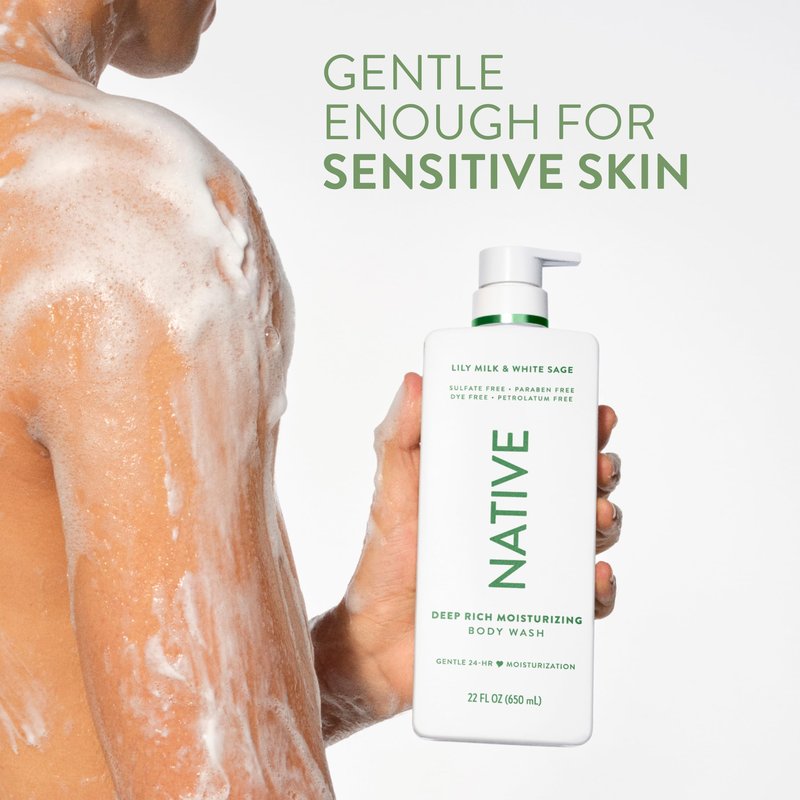 Native Lily Milk & White Sage Scent 24-Hour Moisturizing Bodywash for Women & Men, Clean & Gentle, for Dry or Sensitive Skin, Keeps Skin Healthy & Smooth, Free of Sulfates, Cruelty-Free, 22 oz