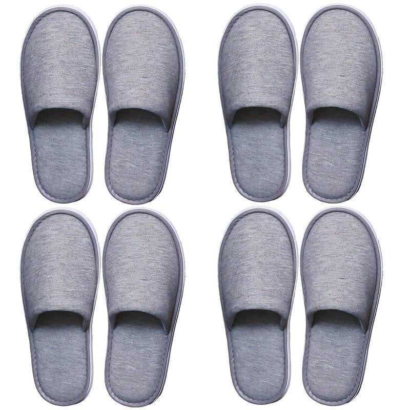 4 Pairs Disposable Slippers for Guests, Washable Cotton Spa Slippers with Non-Slip Sole - Breathable Open Toe House Slippers for Hotel, Travel, Wedding, Party - Indoor Guest Shoes for Women & Men (Grey)