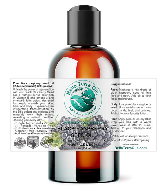 Bella Terra Oils - Black Raspberry Seed Oil 8 oz - Natural Elixir Enhanced with Ellagic Acid & Vitamin A, Cold-Pressed Cosmetic Secret for Radiant Skin