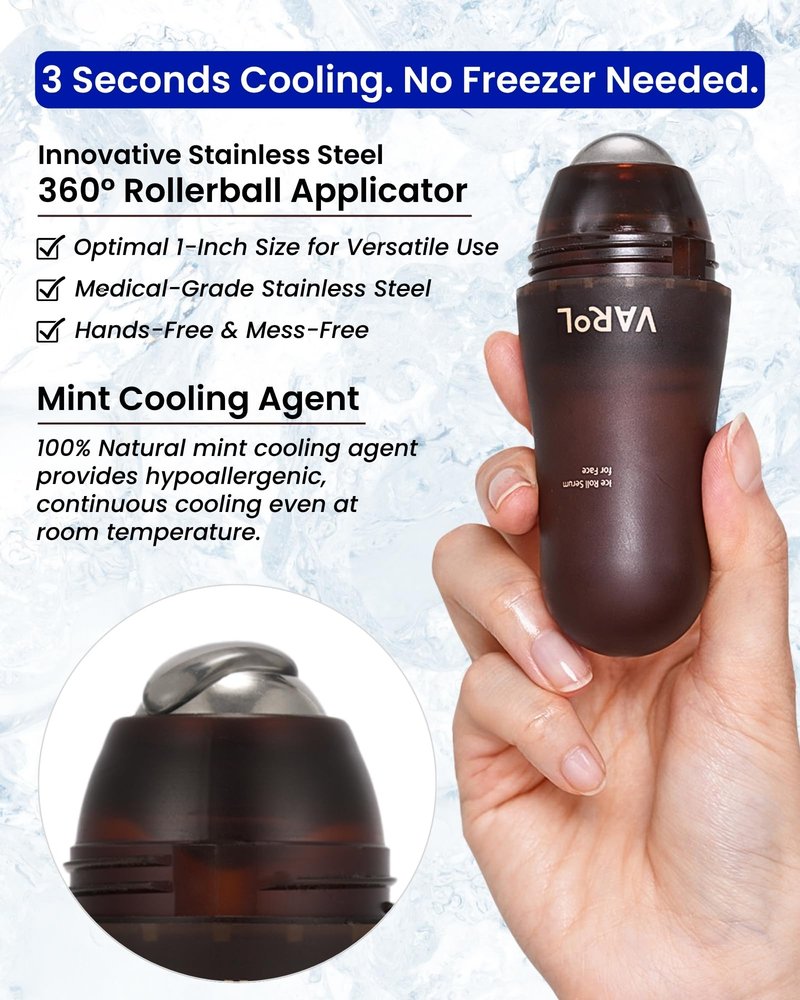 VAROL Ice Roll Serum for Face, Puffy Eyes, Under Eye Bags - Bakuchiol & Collagen for Wrinkles, Anti Aging, Cooling Ice Roller for Puffiness, Redness, Dark Circles - Korean Skin Care, 1.69 Fl Oz