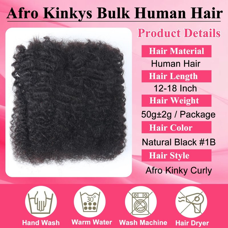 Afro Kinkys Bulk Human Hair for Braiding Afro Kinky-Curly Human Hair Bulk for Twist Ginger 18 Inch 50g/Bundle No Weft 4c Kinky Curly Bundles for Braids Micro Locs Dreadlock Extensions #350