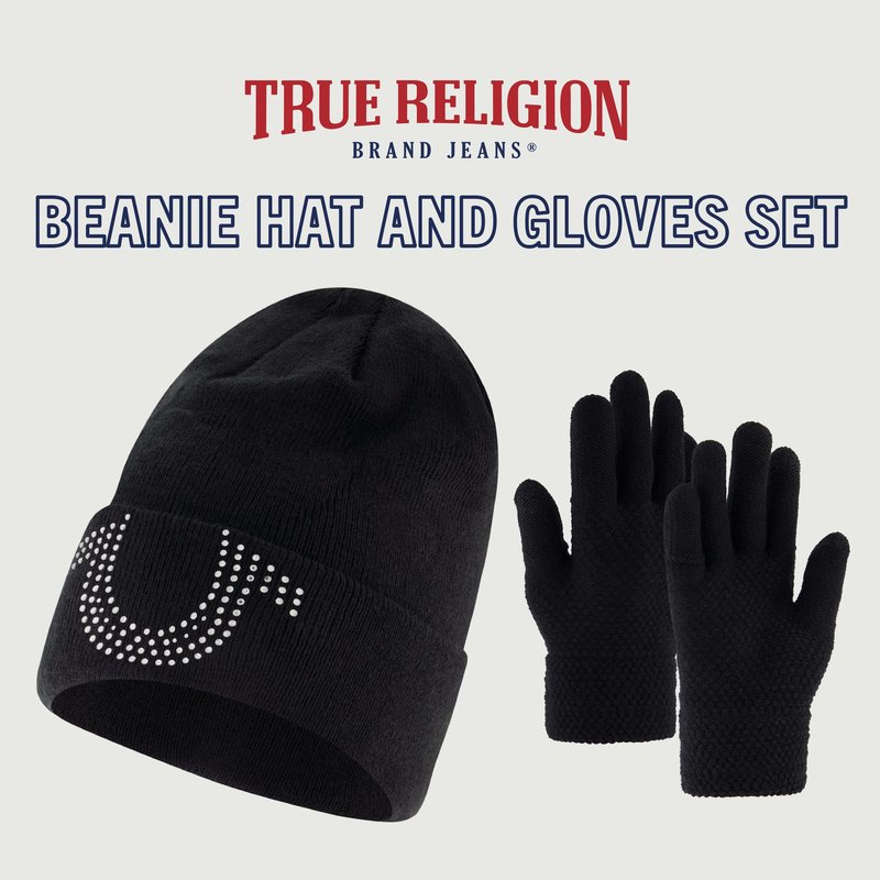 True Religion Beanie Hat and Touchscreen Glove Set, Cuffed Winter Knit Cap with Rhinestone Logo and Touch Screen Mittens, Black, One Size
