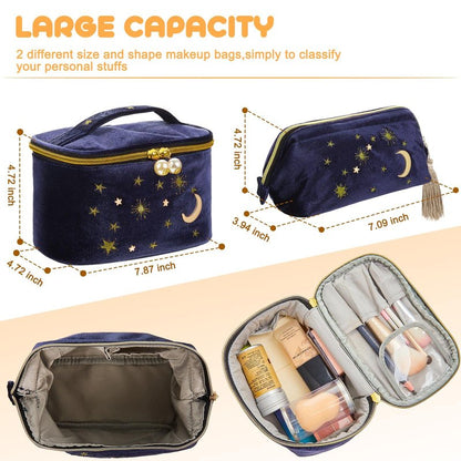Patelai 2 Pcs Velvet Makeup Bag Moon Stars Cosmetic Bags Goth Embroidered Makeup Pouch Portable Travel Starry Pouch Toiletry Wash Bags Cute Storage Clutch Handbags for Women Gifts(Navy Blue)