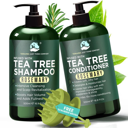Rosemary Shampoo and Conditioner Set Infused with Tea Tree & Rosemary Oils for Scalp Relief and Hair Growth | Sulfate Free, Soothes Dry Scalp, Boosts Shine + Free Scalp Brush | 16.9 fl oz