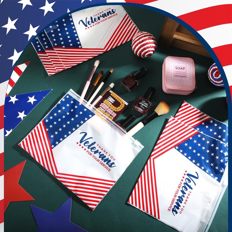 SilTriangle 150 Pcs Memorial Day Patriotic Veterans Thank You Gift Bag Veterans Gift Bulk Red Blue EVA Cosmetic Bag American Flag Thank You for Your Service Patriotic USA Party Favors for Men Soldier