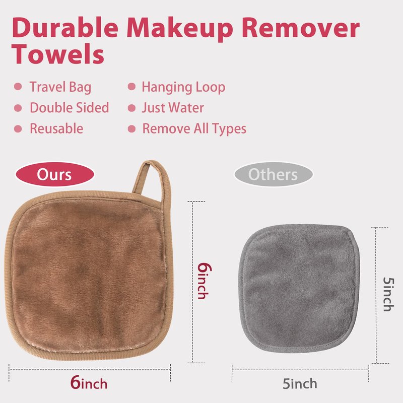 Natwag Makeup Remover Cloth, 6" x 6" Make Up Towels Reusable Face Cloth for Washing Face, Makeup Remover Pads Microfiber Face Washcloth with Mesh Bag, Just Water, 12 Pack, Light Brown
