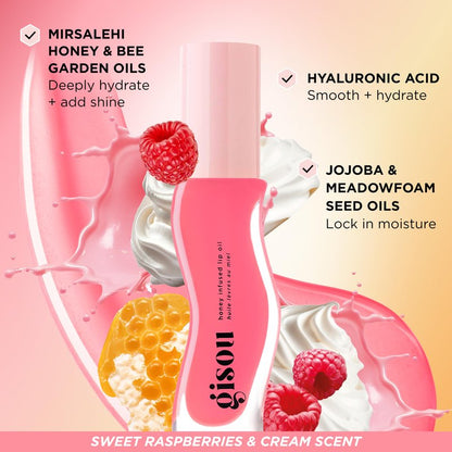 Gisou Honey Infused Lip Oil – Hydrating & Glossy Lip Oil with Mirsalehi Honey & Jojoba Seed Oil, Non-Sticky Shine, Raspberry Swirl, 0.27 fl oz