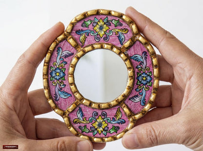 DecorContreras Peruvian Mirror Wall - Handmade Reverse Painted Glass Art - Elegant Miniature Oval Mirror for Gallery Wall - Unique 6" x 5.1" (Pink)