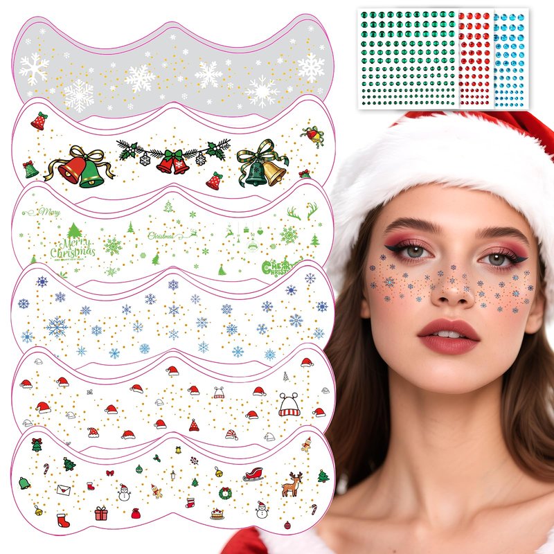 15 PCS Christmas Face Temporary Tattoos, With Red Green White Face Gems Glitter Freckles Face Tattoo for Women, Waterproof Christmas Accessories Face Makeup for Cosplay Party Supplies