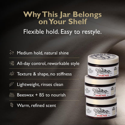 DandyMen Hair Styling Paste for Men | Medium Hold | Flexible Control & Natural Shine | Beeswax with Pro-Vitamin B5 | Tobacco Vanilla Scent | 3.4 oz, 1-Pack