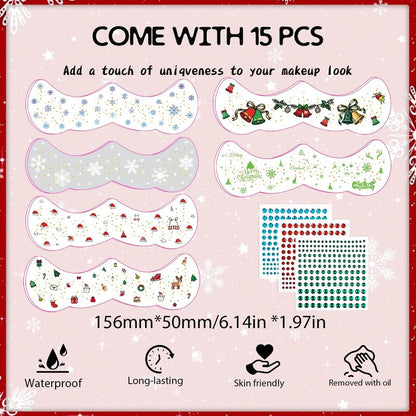 15 PCS Christmas Face Temporary Tattoos, With Red Green White Face Gems Glitter Freckles Face Tattoo for Women, Waterproof Christmas Accessories Face Makeup for Cosplay Party Supplies