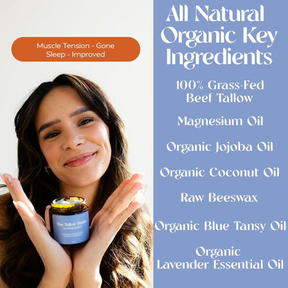 The Tallow Studio Deep Sleep Magnesium Moisturizer with Grass Fed Beef Tallow Balm — Magnesium Cream for Sore Muscles, Relaxation Support — Organic Lavender & Blue Tansy — All Ages, Eczema — 2 oz