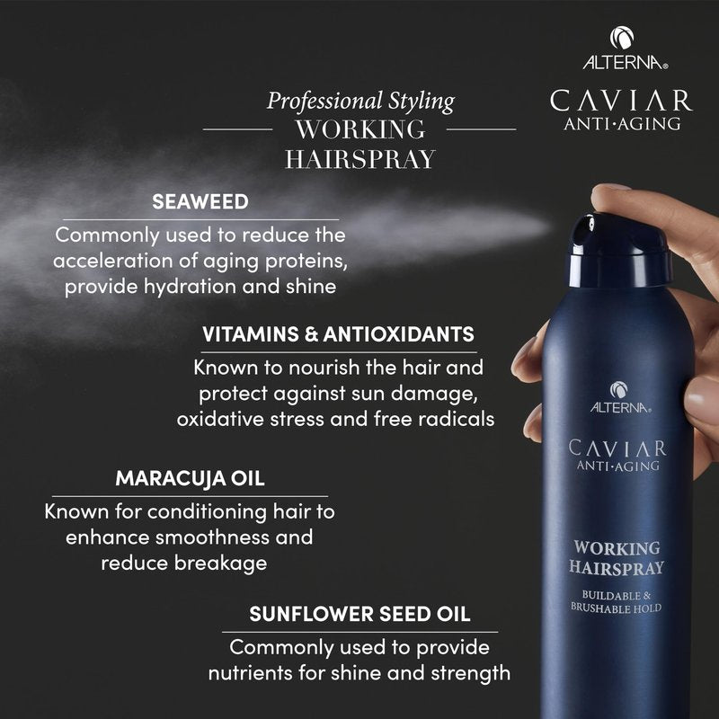Alterna Haircare CAVIAR Anti-Aging Working Hairspray Travel Size 3 Fl Oz | Buildable, Brushable Hold | Helps Control Frizz and Adds Shine | Sulfate Free