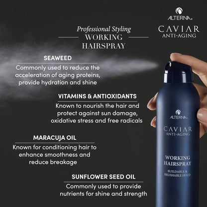 Alterna Haircare CAVIAR Anti-Aging Working Hairspray Travel Size 3 Fl Oz | Buildable, Brushable Hold | Helps Control Frizz and Adds Shine | Sulfate Free
