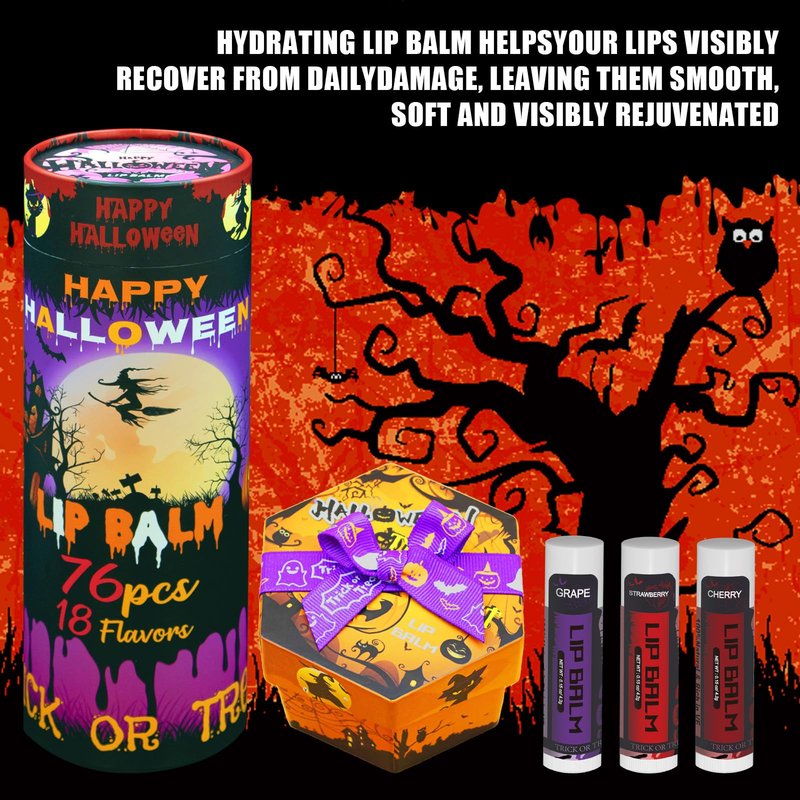 Yopela 76 Pack Halloween Lip Balm Party Favors, Lip Care Set with Vitamin E & Coconut Oil to Moisturize Repair Dry Chap Lips, 18 Flavors,Perfect for Trick-or-Treat Gifts or Goodie Bag Stuffers