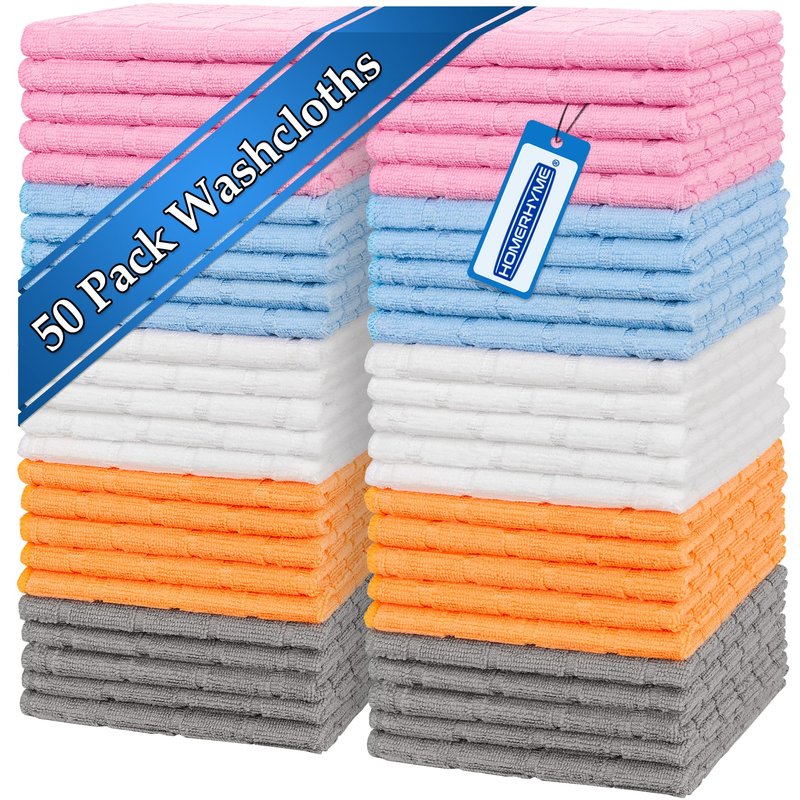 HOMERHYME Microfiber Washcloths, 50 Pack Wash Cloths Face Towel, Soft Lint Free Quick Dry Gym Towels, Absorbent Multi-Purpose Hand Towels for Bathroom Kitchen Salon Spa, Multicolor