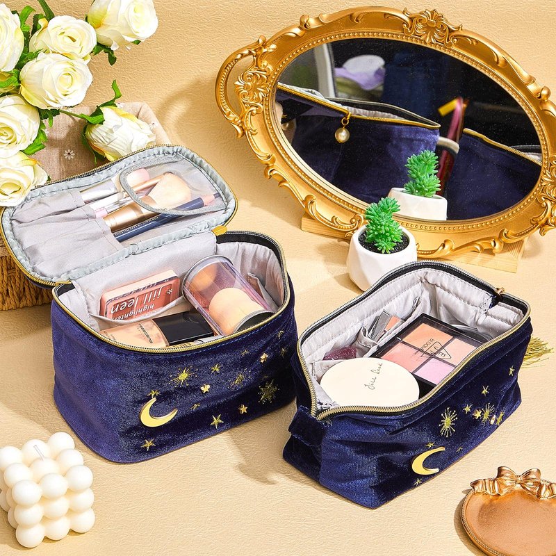Patelai 2 Pcs Velvet Makeup Bag Moon Stars Cosmetic Bags Goth Embroidered Makeup Pouch Portable Travel Starry Pouch Toiletry Wash Bags Cute Storage Clutch Handbags for Women Gifts(Navy Blue)